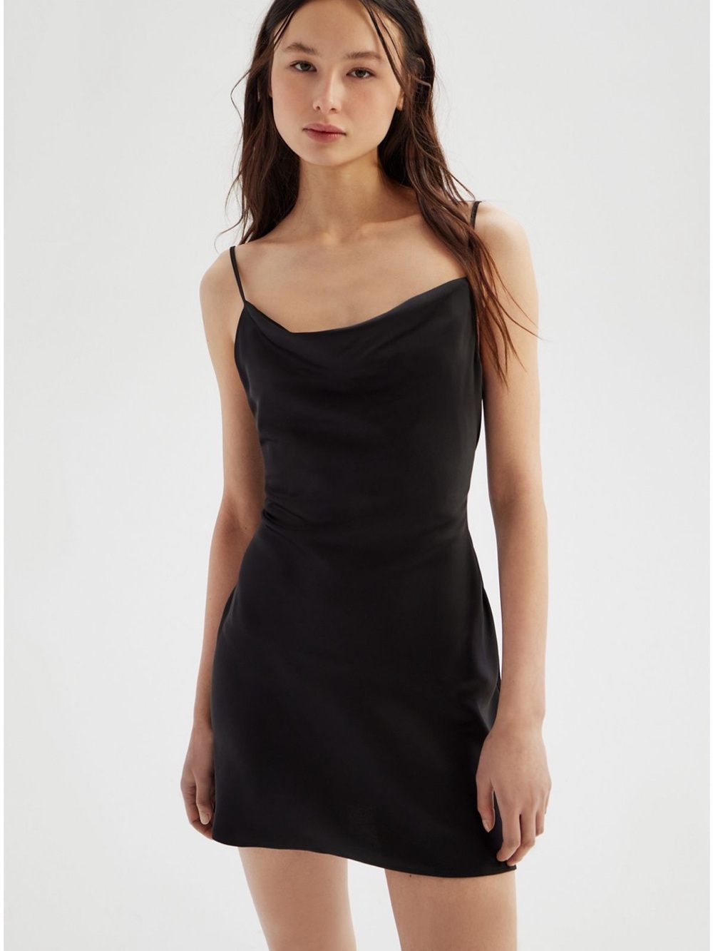 UO Mallory Satin Cowl Neck Slip Dress - Black